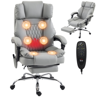 HOMCOM Sillón de Oficina Masajeador Vibrante y con Calefacción, Silla de Oficina Ergonómica en PU, Respaldo Reclinable, Reposacabezas, Gris