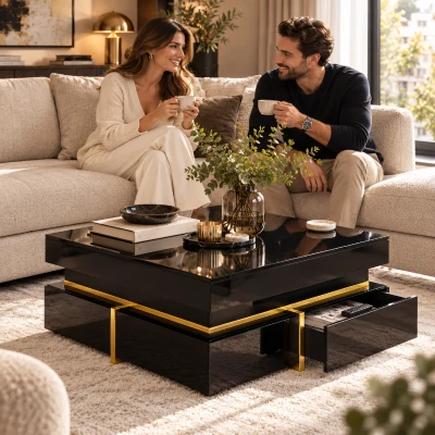 Salontafel in luxe hoogglans met gouden accenten, 2 lades voor opbergruimte, van spaanplaat en strak design, 70×70×35,5 cm, zwart