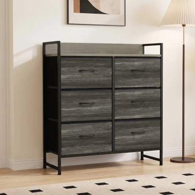 HOMCOM Commode 6 Tiroirs Tissu Lin Acier 80x29x85cm Gris