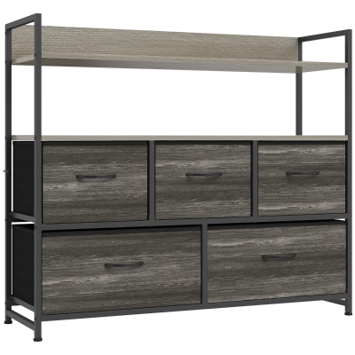 HOMCOM Commode 5 Tiroirs Tissu Gris avec Étagères et Plateau