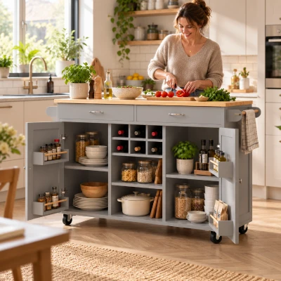 Moderne keukeneiland, multifunctionele keukenwagen met verstelbare vakken en uitneembaar wijnrek, 360° zwenkwielen met rem, 102×45×92 cm, grijs