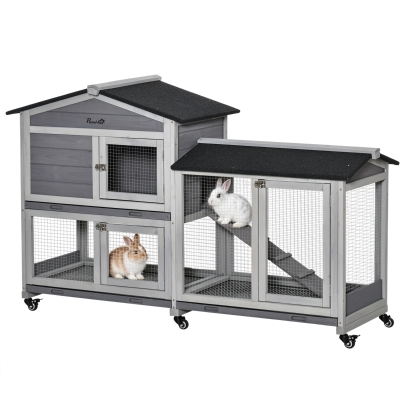 PawHut Clapier Lapins Bois 2 Étages Roulettes Gris