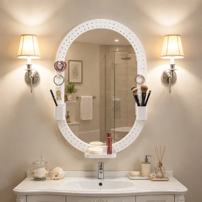 HOMCOM Oval Wall-Mounted Mirror Pegboard Frame 60x90cm White