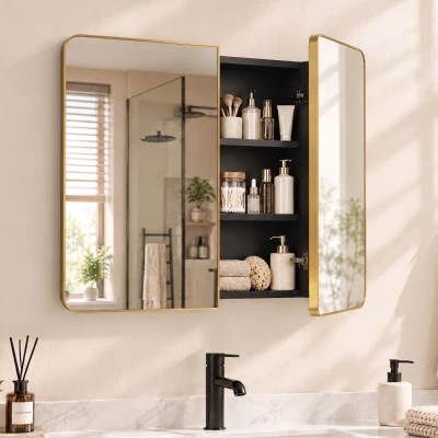 HOMCOM Mirror Cabinet Wall-Mounted Adjustable Shelves Gold 76cm