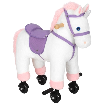AIYAPLAY Unicorn Rocking Horse Plush Wheels Pedal 50kg White