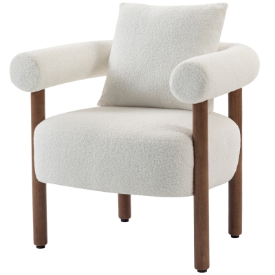 HOMCOM Poltrona em Tecido Teddy para Sala com Almofada Lombar, Assento Espesso e Estrutura em Madeira, Creme