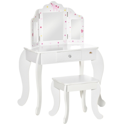 HOMCOM Kids Vanity Table & Stool Set White with Mirrors