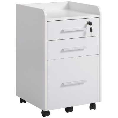 HOMCOM Gaveteiro de Secretária com Rodas e 3 Gavetas, Fechadura e 2 Chaves, Barras Ajustáveis para Arquivos, 39,2x40x65,4 cm, Branco