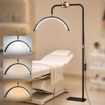 HOMCOM Candeeiro de Pé Meia Lua  com Cabeça Giratória 350° 7 Temperaturas de Cor Brilho Ajustável Suporte para Telemóvel Preto