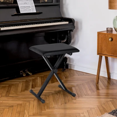 HOMCOM pianokruk pianobank piano bank cosmetische kruk in hoogte instelbaar inklapbaar metaal kunstleer schuimstof zwart 39 x 29 x 45-51 cm