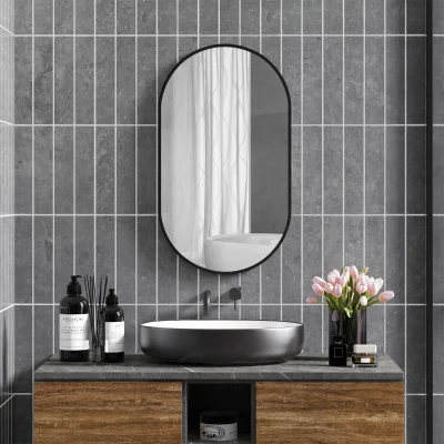 HOMCOM Espejo de Baño Ovalado 40x70 cm Espejo Decorativo de Pared con Marco de Aluminio para Salón Horizontal o Vertical Negro