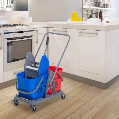 HOMCOM schoonmaakwagen reinigingswagen systeemwagen veegwagen met 2 emmers 4 wielen