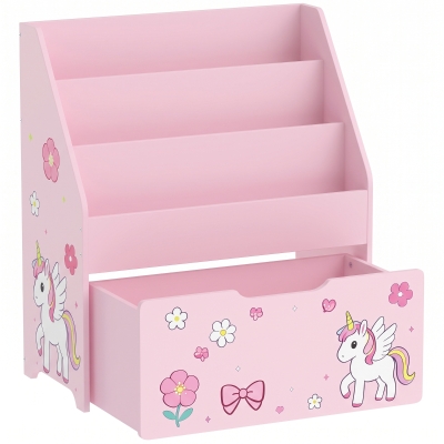 AIYAPLAY Librería Infantil con Cajón Móvil y 3 Estantes Estantería para Libros Diseño de Unicornio Montessori 3 a 8 Años Rosa