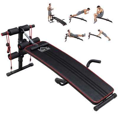 HOMCOM Banc de musculation appareil à abdo hauteur réglable 137,5L x 55,5l x 50-68H cm 2 bandes de résistances + ressort central traction acier noir rouge