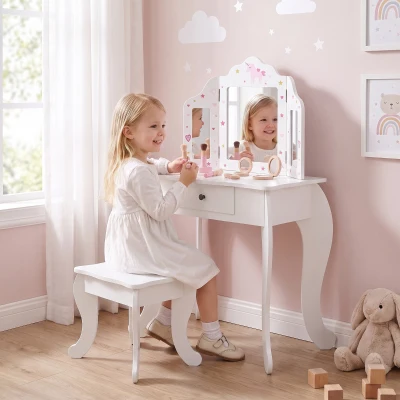 HOMCOM Tocador Infantil con Taburete y Espejo Ajustable, Tocador para Niñas con Cajón, Mesa de Maquillaje para Niños y Niñas de 3-6 Años, Blanco
