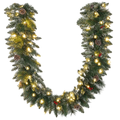 HOMCOM 1,8 m Kunstmatige Kerstslinger met Lichtsnoer en Bloemdecoratie Groen
