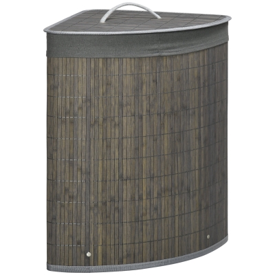 HOMCOM 55 L Wasmand met Deksel, Handvat, Wasklerensorteerder met Uitneembare Waszak voor Badkamer, Bamboe, Grijs