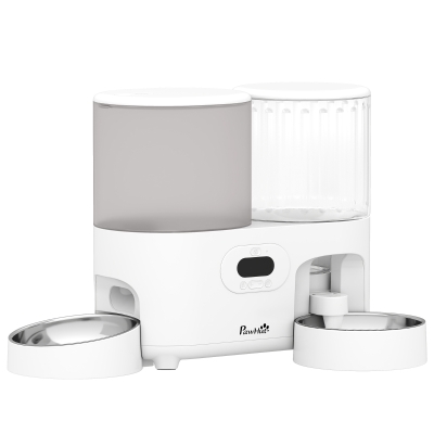 PawHut Comedero Automático para Gatos/Perros con Dispensador de Agua 2 en 1 5L Comida y 4L Agua con Temporizador Cuencos Inox