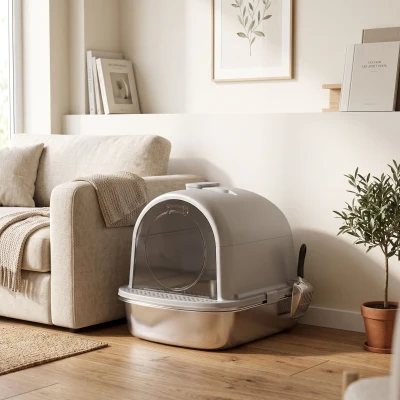 PawHut Litière Chat Acier Inoxydable avec Couvercle Gris