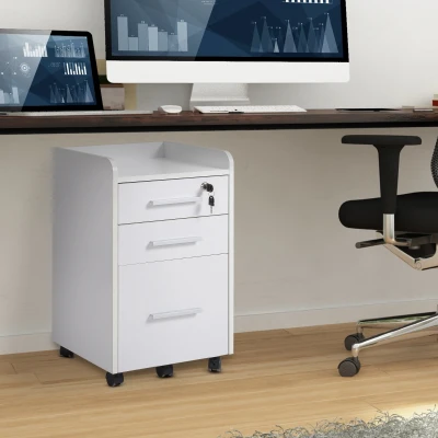 HOMCOM Cajonera Escritorio con Ruedas y 3 Cajones Cerradura y 2 Llaves Barras Ajustables para Archivos 39,2x40x65,4 cm Blanco