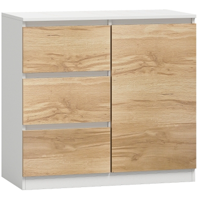 HOMCOM Aparador Pequeno com Porta e 3 Gavetas 80x40x75 cm para Entrada e Sala de Jantar Branco e Natural