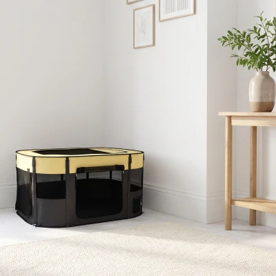 PawHut Parque plegable para mascotas parque para cachorros de tejido Oxford con ventanas y puertas bolsa de almacenamiento amarillo