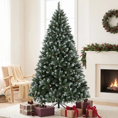 HOMCOM Árbol de Navidad Artificial 210 cm con 1140 Puntas Efecto Nevado 75 Piñas y Base Metálica Plegable Verde y Blanco
