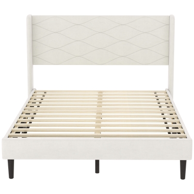 HOMCOM Cama Tapizada 140x200 cm con Cabecero Acolchado con Alas de Terciopelo Láminas de Madera Fácil Montaje Beige
