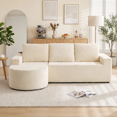 HOMCOM Canapé d’Angle 3 Places Velours Beige 235cm Méridienne