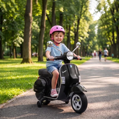 AIYAPLAY Moto eléctrica infantil Vespa PX150 12V Motocicleta eléctrica con batería de litio 35W 2 motores 25° límite de giro para 3-6 años