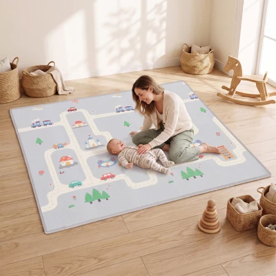 AIYAPLAY Opvouwbare dubbelzijdige baby speelmat met verkeers- en dinosaurusmotief, 200 x 180 cm, voor kinderen van 0-3 jaar