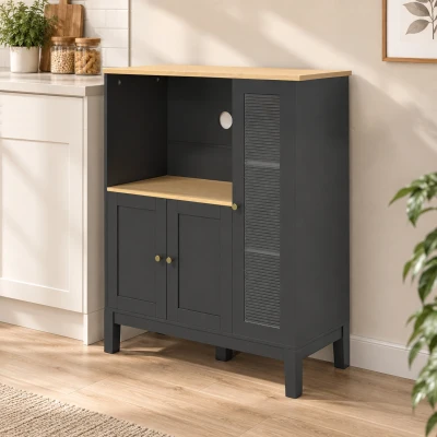 HOMCOM Mueble armario microondas para cocina con 1 nicho, 3 puertas pasacables 80 x 35 x 97 cm negro y aspecto madera