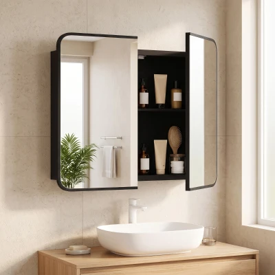 HOMCOM Bathroom Mirror Cabinet Wall Storage Adjustable Shelf Black