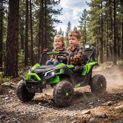 AIYAPLAY UTV elétrico infantil 24 V de 2 lugares com 2 motores de 120 W, comando à distância e suspensão às 4 rodas, verde