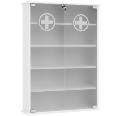 HOMCOM Armário de Medicamentos de Parede com Fechadura 2 Chaves e Portas de Vidro 60x17x82,5 cm Branco