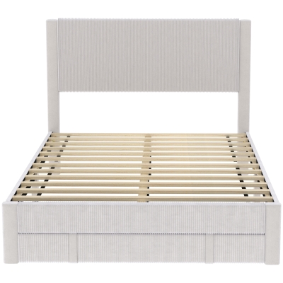 HOMCOM Cama Tapizada 140x200 cm con Cabecero Acolchado y Cajón Almacenaje Láminas de Madera Fácil Montaje Beige
