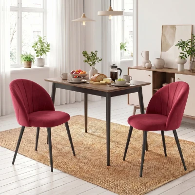 HOMCOM Juego 2 Sillas de Comedor Acolchadas con Respaldo en Forma de Concha en Terciopelo, 52x55x79 cm, Rojo Vino