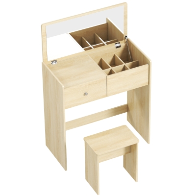 HOMCOM Tocador con Espejo Abatible y Taburete Mesa de Maquillaje con Cajón y 6 Compartimentos 81x40x117 cm Roble