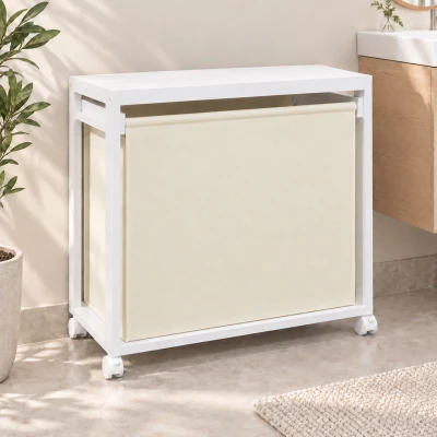 HOMCOM Panier à Linge Bambou 2x20L Roulettes Sac Amovible Blanc