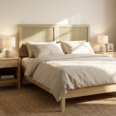 HOMCOM Cabecero de Cama de Ratán Bohemio 140 cm Cabezal de Cama Cabecero para Dormitorio Roble