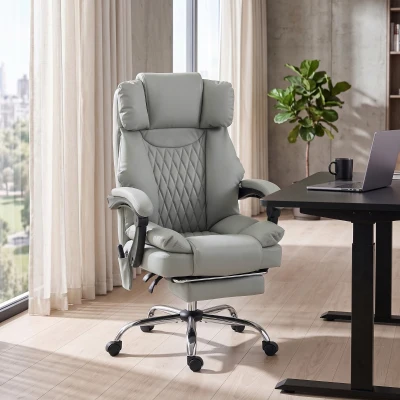 HOMCOM Sillón de Oficina Masajeador Vibrante y con Calefacción, Silla de Oficina Ergonómica en PU, Respaldo Reclinable, Reposacabezas, Gris