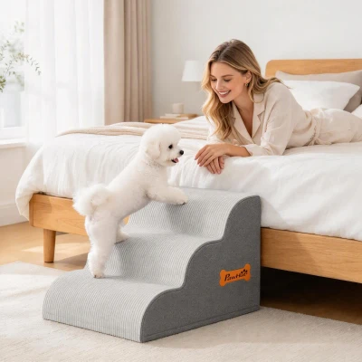 PawHut Dog Steps 3-Step Non-Slip Removable Cover Light Grey