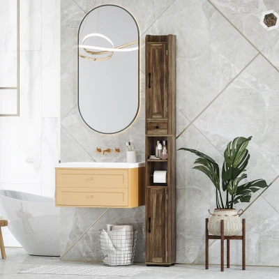 HOMCOM Coluna de Casa de Banho com 2 Portas, Compartimento Aberto, Prateleiras Ajustáveis e Suporte para Papel Higiénico, 20x20x185 cm, Castanho Acinzentado