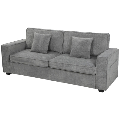 HOMCOM Sofá de 3 Plazas Tapizado en Chenilla con Bolsillos 2 Almohadas Reposabrazos Cojín de Muelles 210x78,5x86,5 cm Gris