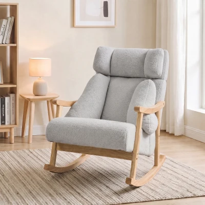 HOMCOM Mecedora Tapizada de Borreguito con Reposacabezas Ajustable y Patas de Madera 65x98x88 cm Gris Claro