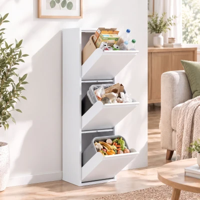 HOMCOM Caixote do Lixo de Cozinha 45 L com 3 Compartimentos, Design Estreito, Fecho Suave, Baldes Removíveis, Branco