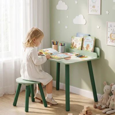 AIYAPLAY Mesa Infantil con Silla y Estante para Libros Escritorio para Niños de +3 Años para Sala de Juegos Verde
