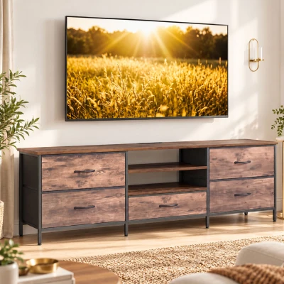 HOMCOM Meuble TV 160cm Brun Rustique 5 Tiroirs Étagères 70"