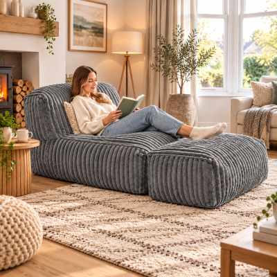 Modular Bean Bag Sofa with Ottoman and Removable Machine-Washable Cover, Light Gray