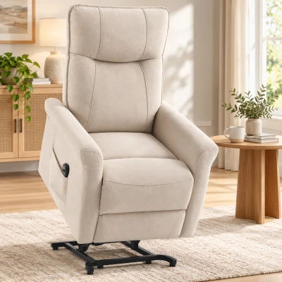 HOMCOM Sillón Relax Reclinable Eléctrico Levanta Personas 155° de Chenilla con Mando Asiento de Muelles Reposapiés Crema